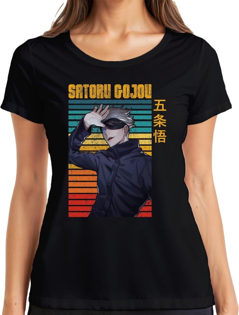 SATORU GOJOU Jujutsu Kaisen Augenbinde Anime Geschenk Retro Damen T-Shirt, Schwarz, XL