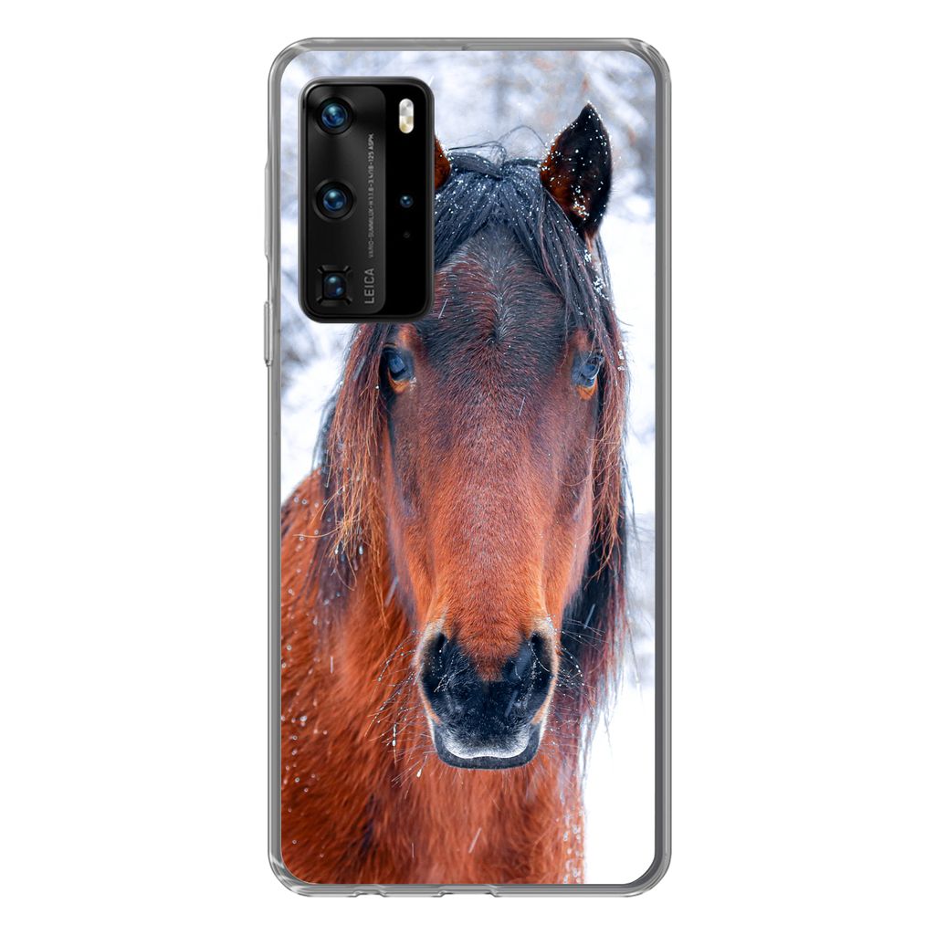 MuchoWow Handyhülle Schutzhülle Hülle für Huawei P40 Pro Pferd - Winter - Schneeflocke Silikon Softcase Handy Hülle - Schutz