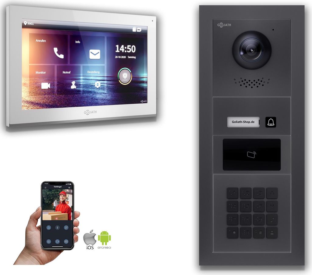 Goliath IP Video Türsprechanlage 1-Monitor Zahlencode RFID Anthrazit : Aufputzdose : 10 Zoll in Weiß : 4er POE (Standard) Türklingel