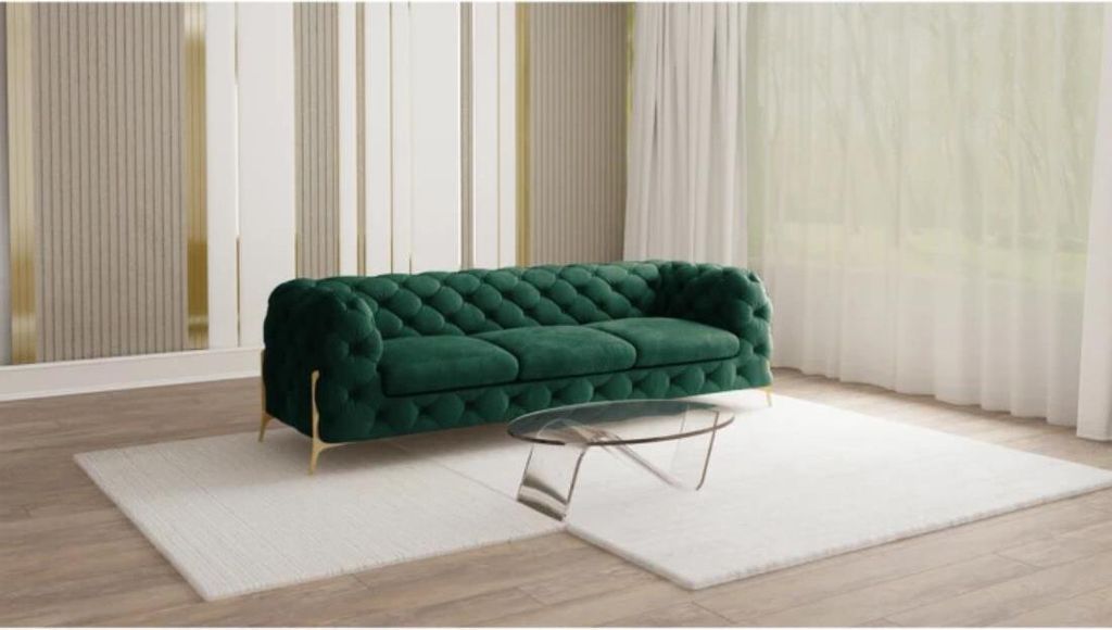 S-STYLE MÖBEL - Chesterfield Sofa 3-Sitzer Nova mit Goldene Metall Füßen aus Flasche Grün Samtstoff, B/T/H: 243 cm/ 100 cm/ 75 cm