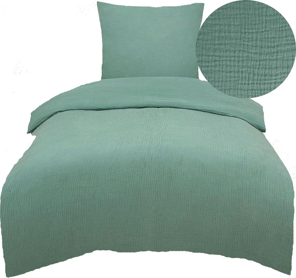 A duvet cover and pillowcase set laid out on a white background.