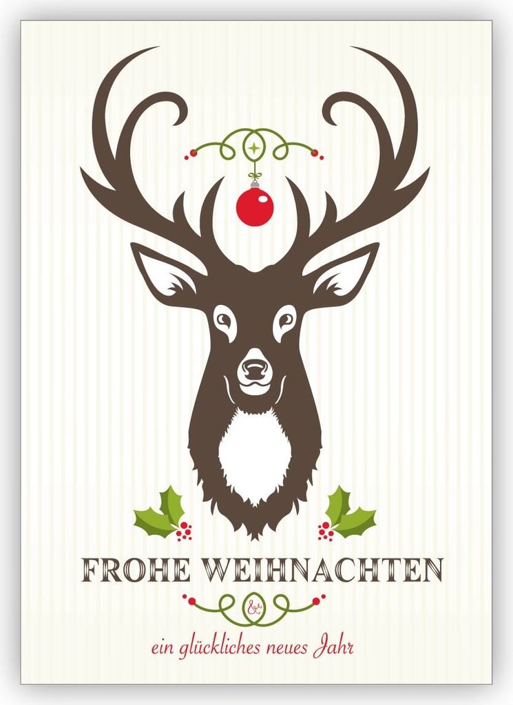 Klassische Weihnachtskarte mit Hirsch und Ornamenten auf feinen Streifen: Frohe Weihnachten und ein glückliches neues Jahr