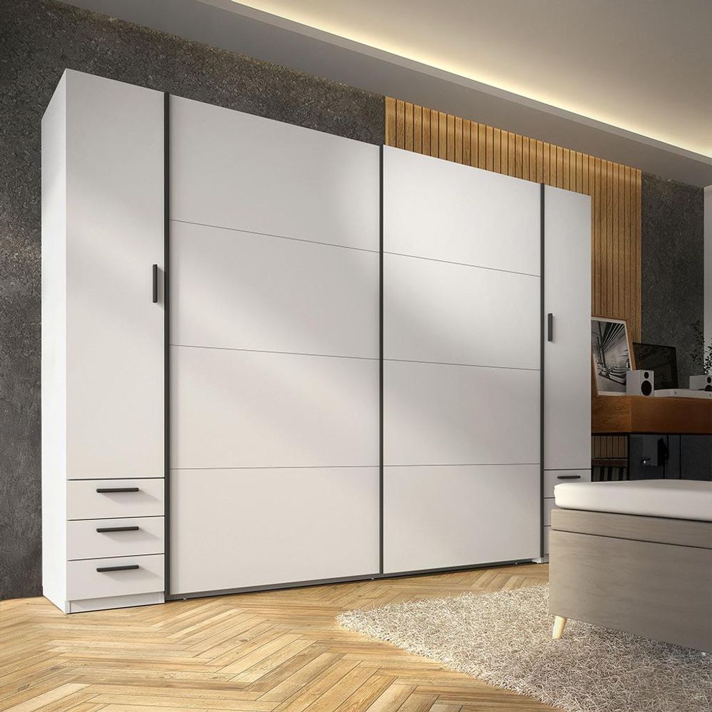 Schlafzimmer Kleiderschrank 263 cm breit in Weiß mit 2 Drehtüren, 2 Schwebetüren & 6 Schubladen - SASSARI-166