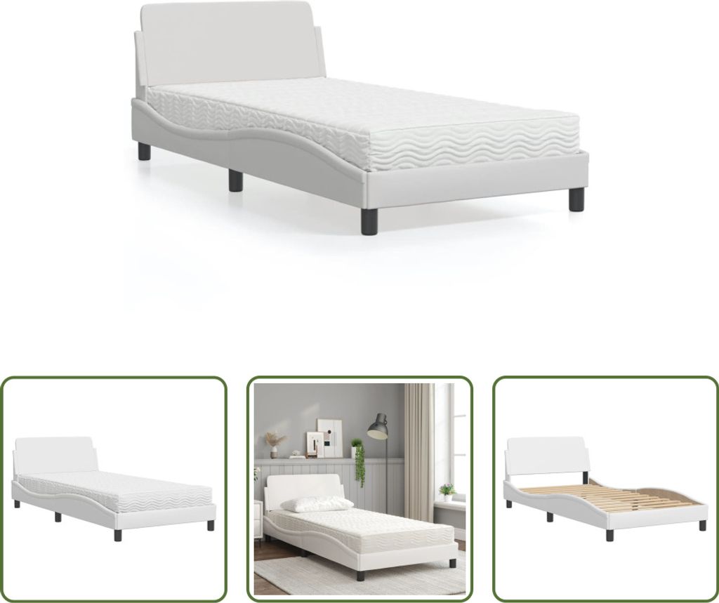 The Living Store Bett mit Matratze Weiß 100x200 cm Kunstleder