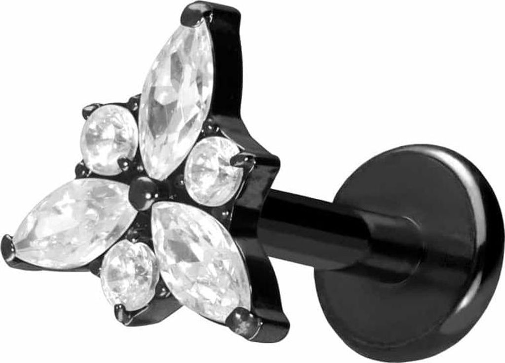 Ohrpiercing, Nasenpiercing Titan Labret mit Push Fit KRISTALLBLÜTE Schwarz Stablänge: 6mm | Stabstärke: 1,2mm