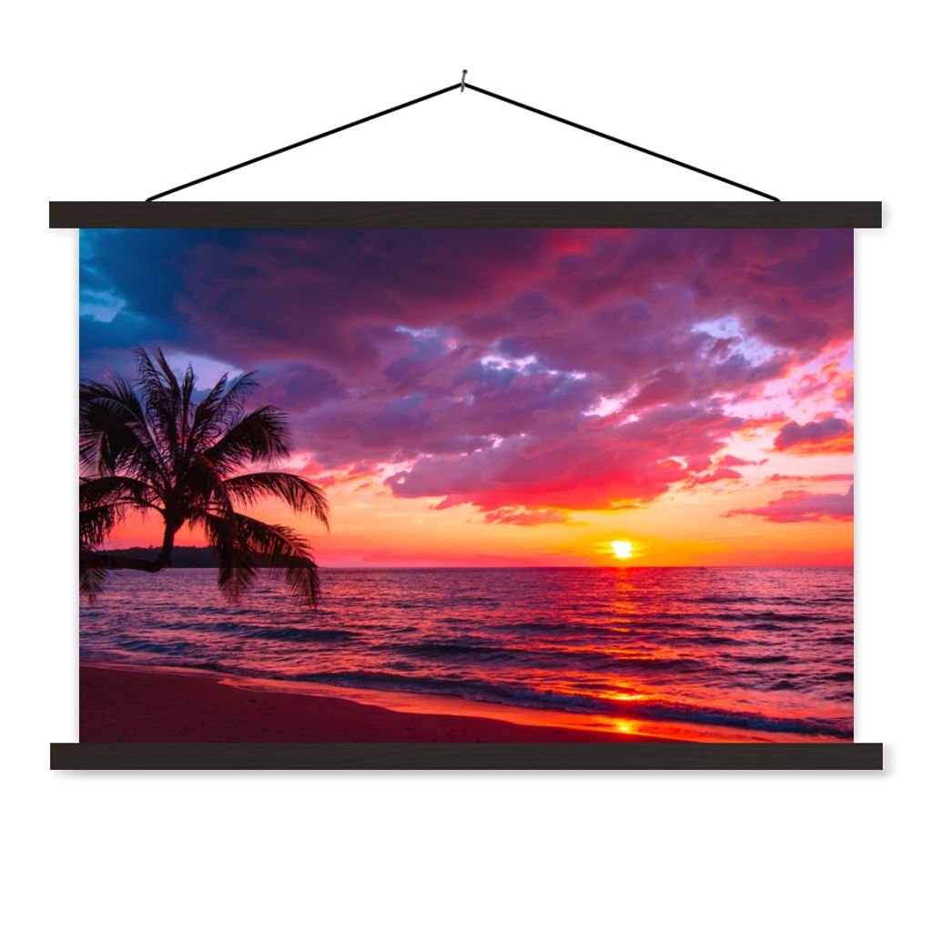 MuchoWow Textilposter Sonne - Horizont - Rosa - Palme - Meer 150x100 cm mit schwarzem Rahmen - Schlafzimmer