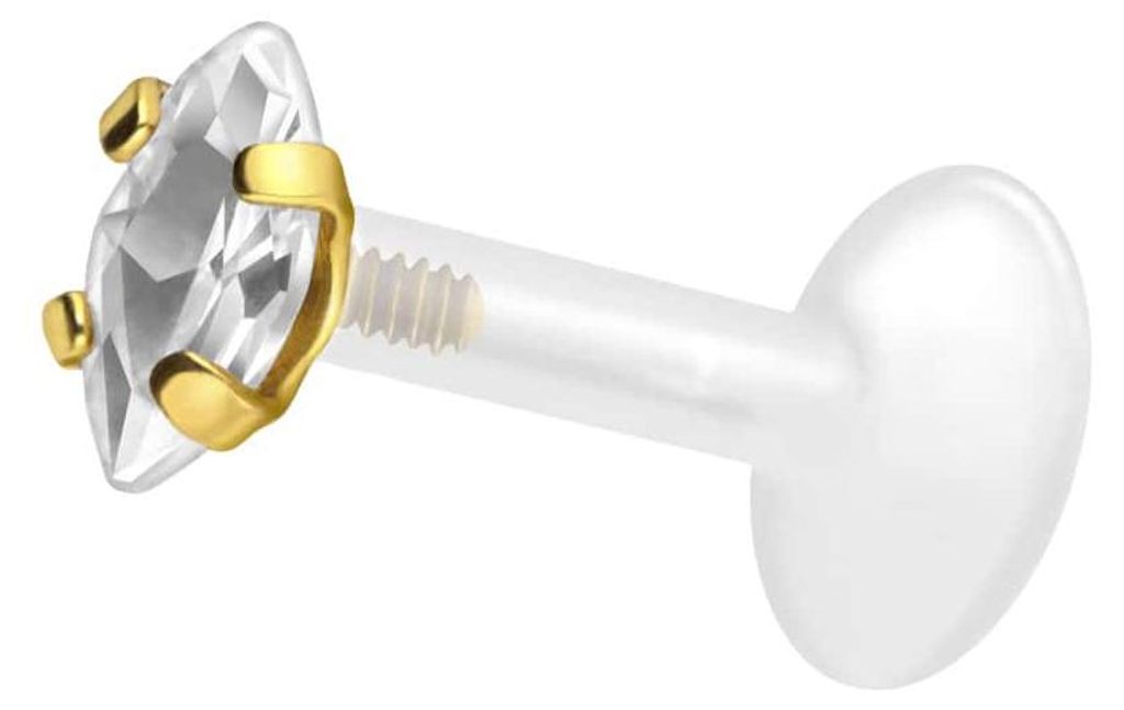 Ohrpiercing, Nasenpiercing PTFE Labret mit Innengewinde + Titan-Aufsatz EINGEFASSTER KRISTALLTROPFEN Gold Stablänge: 9mm | Stabstärke: 1,2mm | Kr...