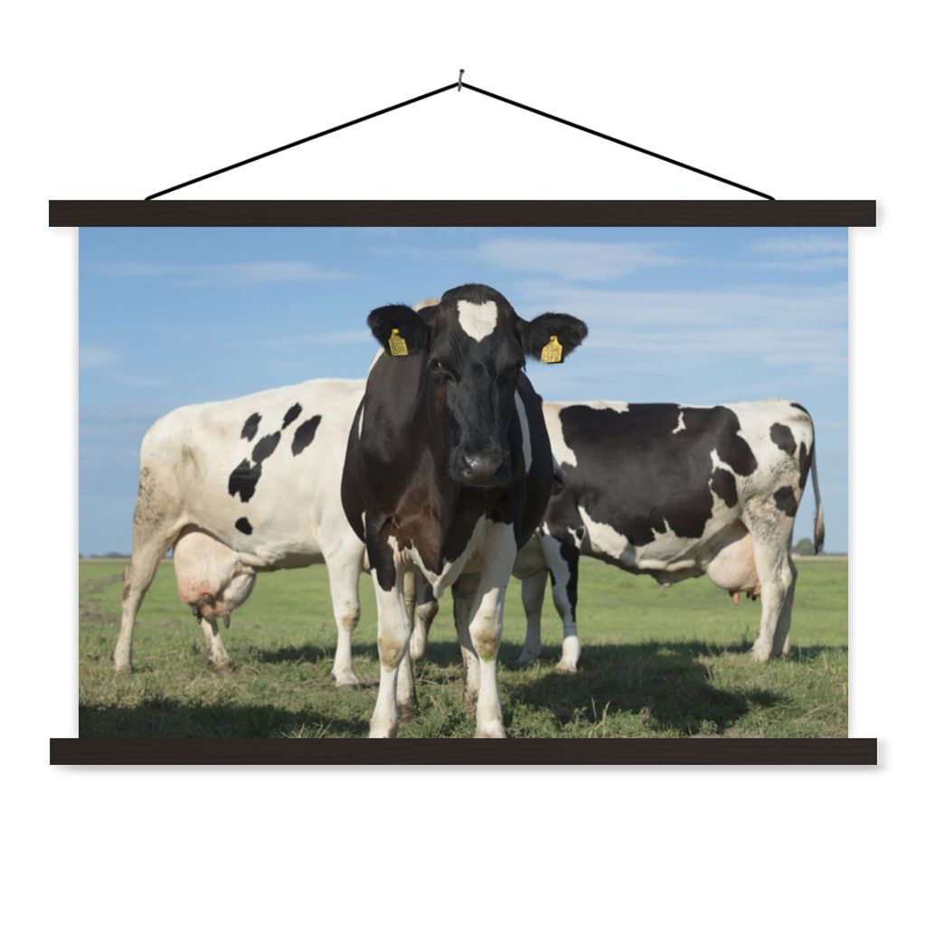 MuchoWow Textilposter Kuh - Gras - Blau - Schatten 90x60 cm mit schwarzem Rahmen - Aufhängungssatz