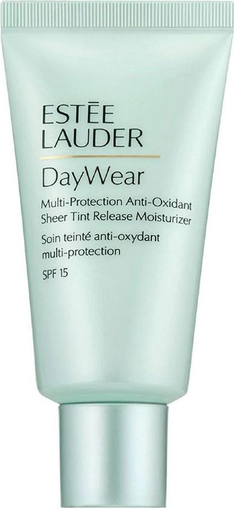 A close-up studio shot of a light green tube of Estée Lauder DayWear Multi-Protection Anti-Oxidant Sheer Tint Release Moisturizer with a silver cap.