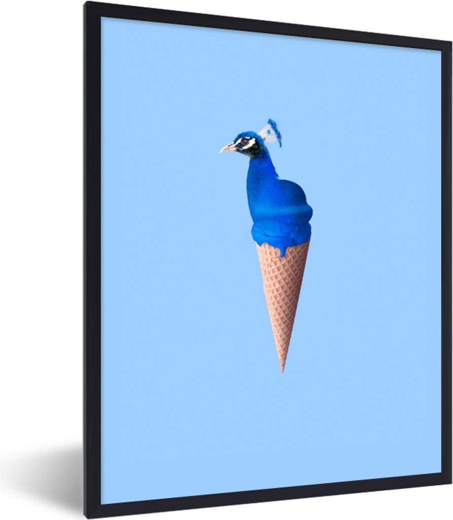 MuchoWow Gerahmtes Poster Pfau - Eistüten - Eiscreme - Blau - Vogel 30x40 cm - Poster mit Schwarzem Bilderrahmen Wandposter Rahmen Foto Bilder -...