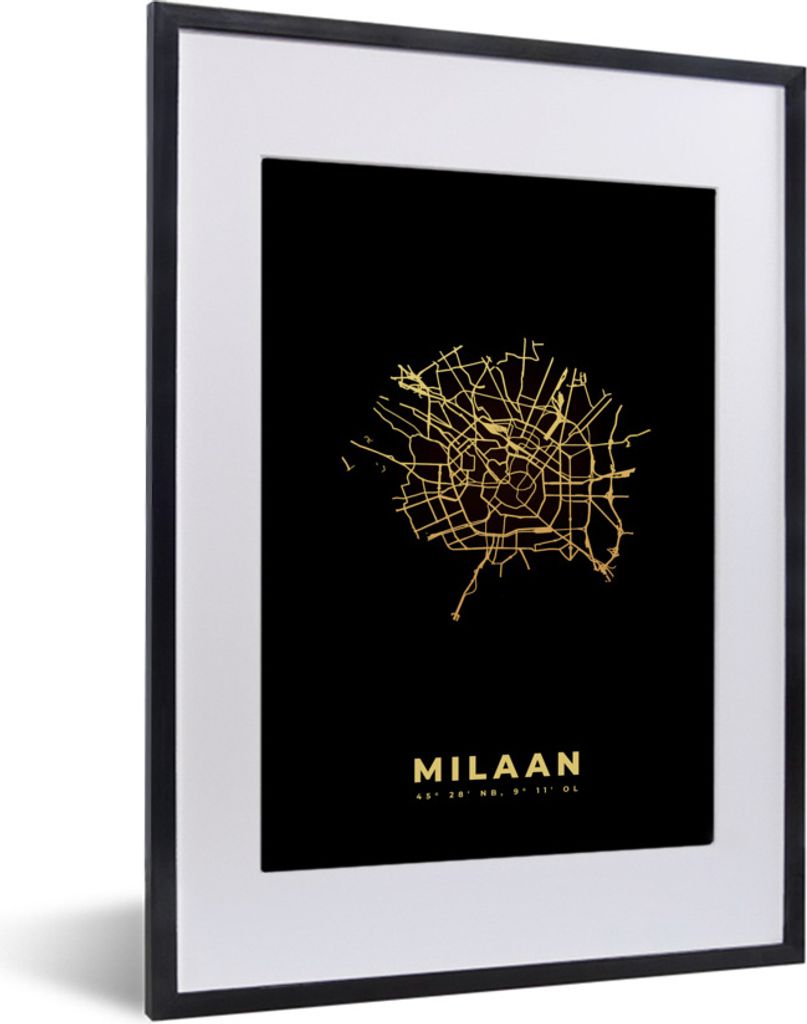 MuchoWow Gerahmtes Poster Mailand - Karte - Gold - Schwarz 30x40 cm - Poster mit Schwarzem Bilderrahmen Wandposter Rahmen Foto Bilder - Wandposte...