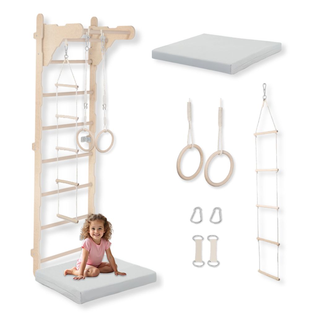 Gymnastik-Sprossenwand für Kinder (210 cm), Wandmontierte Holzleiter, Kletterleiter für Kinder, Turnringe, Schutzmatte, Kletterseil, 100% ECO