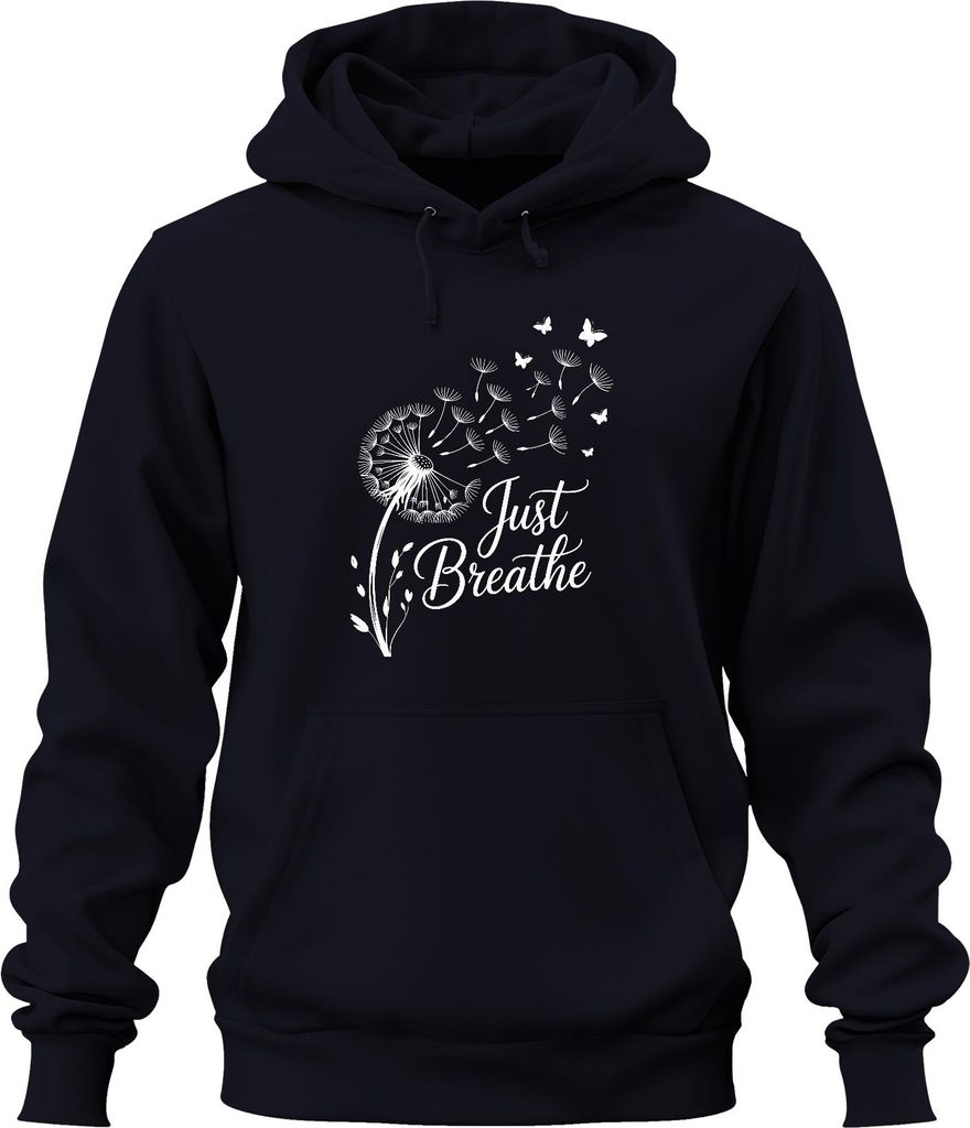 Just Breathe Pusteblume Schmetterling Achtsamkeit Yoga Meditation Uni Hoodie Kapuzenpullover, Navy, M