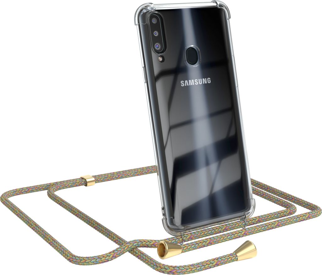 EAZY CASE Handykette kompatibel mit Samsung Galaxy A20s, Handyhülle mit Umhängeband, Handykordel, Schutzhülle Clear, Band in Bunt