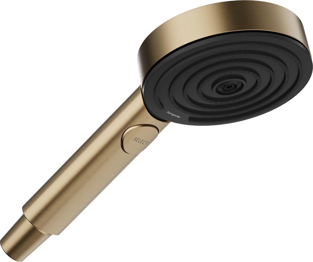 A close-up, angled view of a gold and black shower head against a white background.