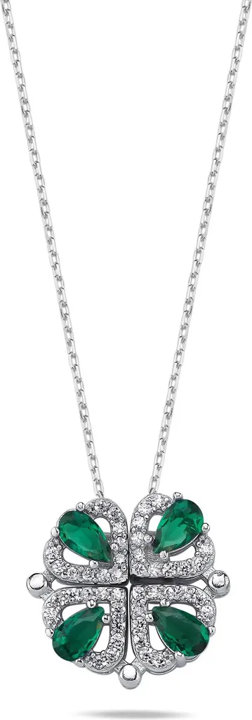 Collier Trèfle 4 Cœurs en Argent 925 et Zircone Verte Rhodié pour Femme