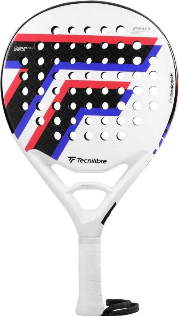 A white padel racket with red, white, and blue accents.