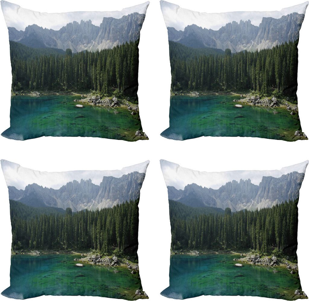 ABAKUHAUS Natur Kissenbezug Set (4 Stück), Luftaufnahme Pines See, Moderner Doppelseitiger Digitaldruck, 45 cm x 45 cm, Dark Green Jade-Grün