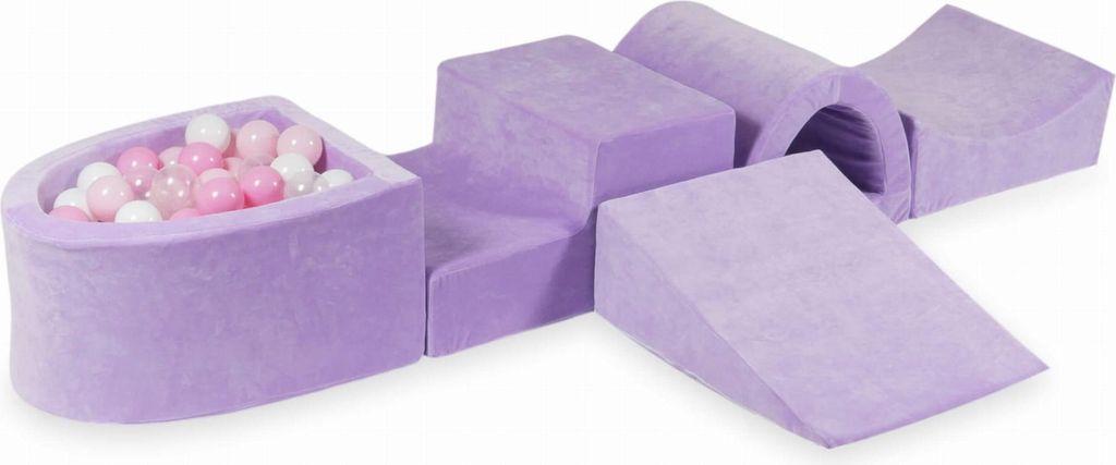 Schaumstoffspielplatz mit Brücke und Pool Micro Velvet Soft Purple + 100 Bälle: transparent, weiß, hellrosa, puderrosa
