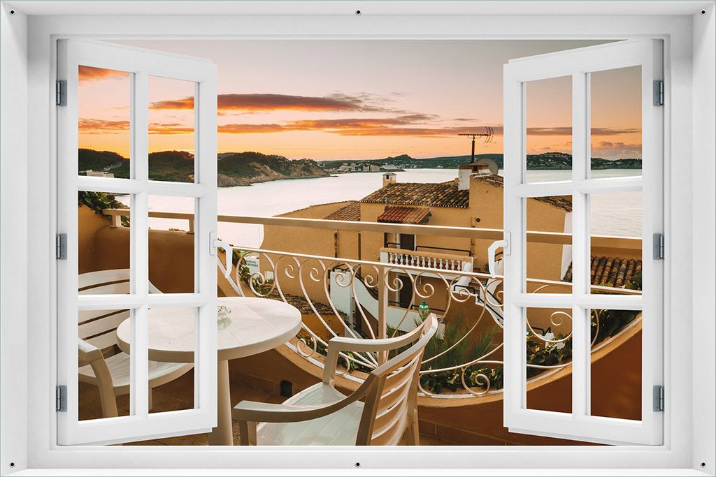 Wallario Outdoor-Poster für Garten oder Balkon 61 x 91,50 cm: Sommer in Spanien - Ausblick von einer schönen Terrasse auf das Meer