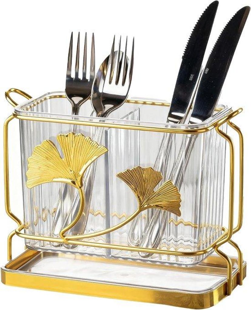 Transparente Servierschale mit zwei Abteilen und einer leckfreien Schale, mit einem hängenden Besteckhalter für das Aufbewahren von Messern, Gabe...