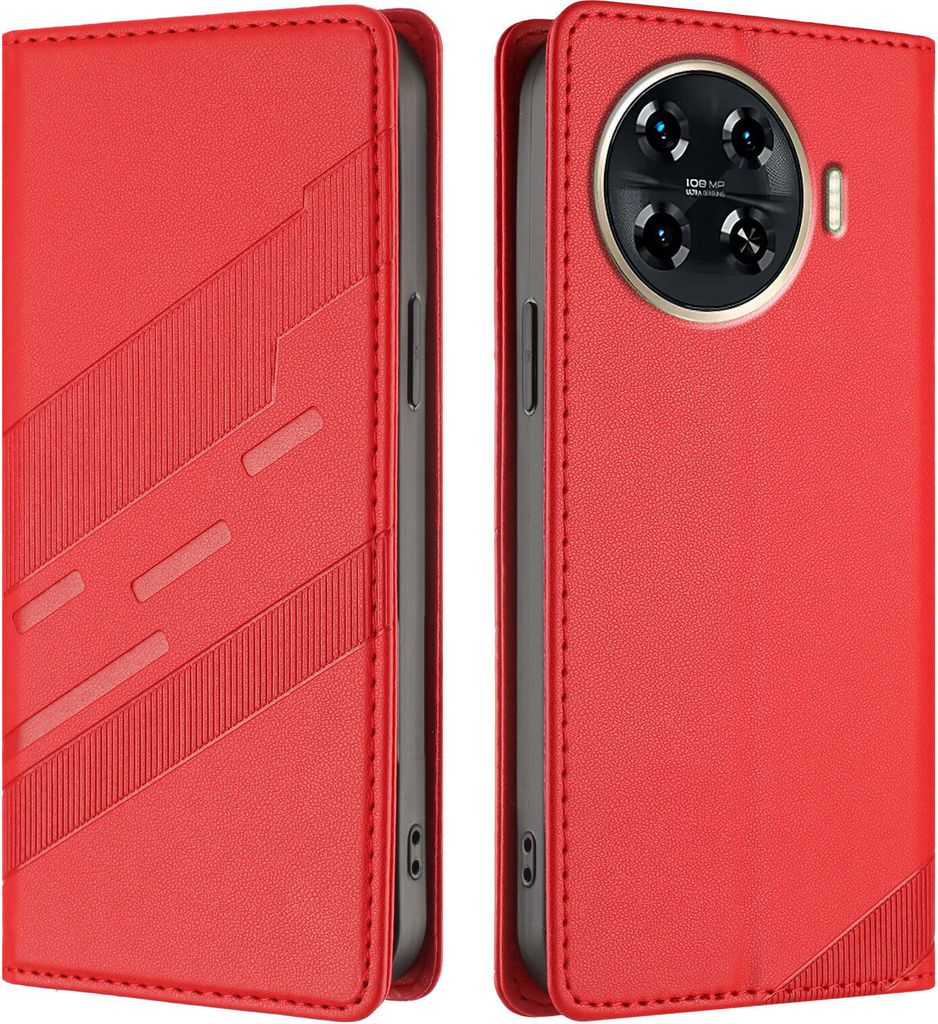 Hülle für Tecno Spark 20 Pro+, Kunstleder Brieftaschen Handyhülle mit Kartenfach und Standfunktion Rot