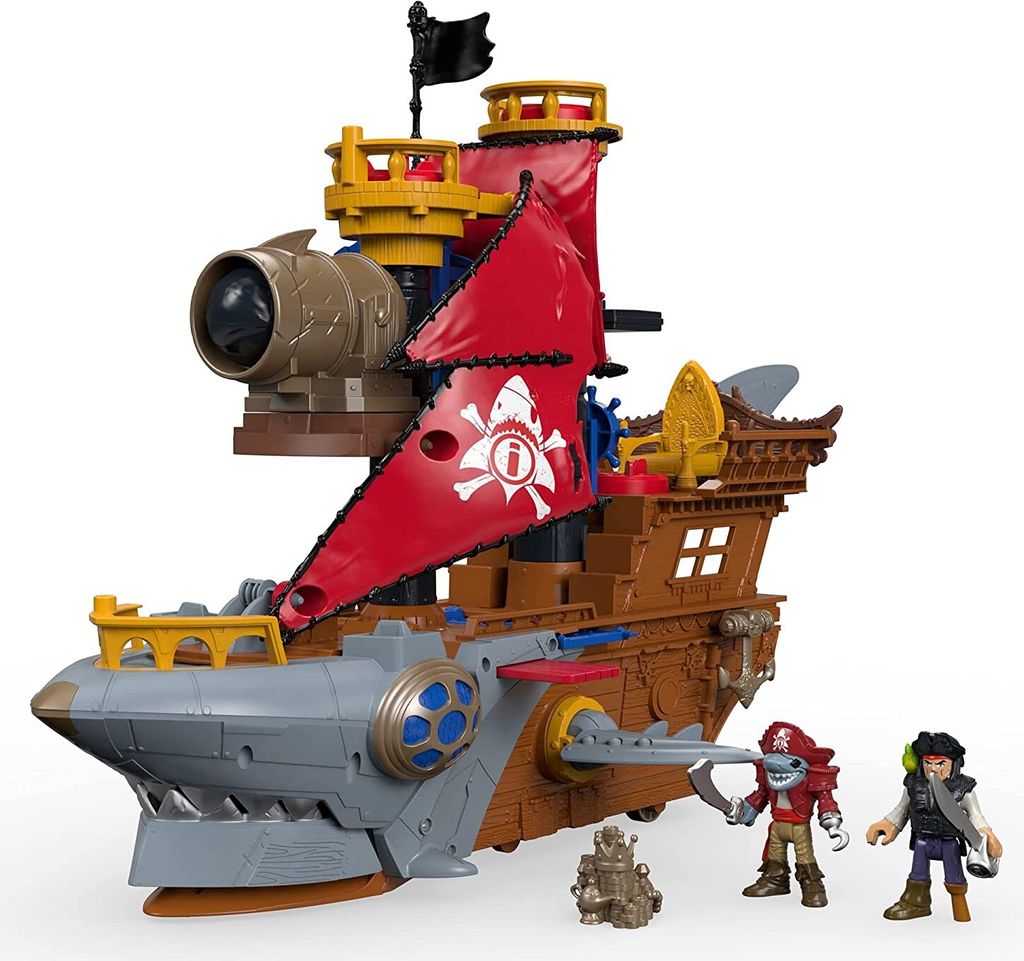 A toy pirate ship with three action figures in front of it, set against a white background.