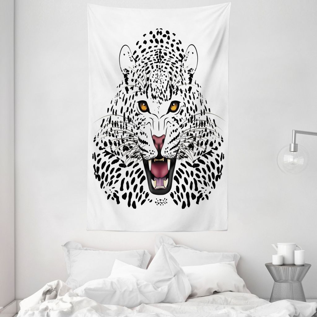 ABAKUHAUS Schwarz-Weiss Wandteppich und Tagesdecke, Verärgerter wilder Leopard aus Weiches Mikrofaser Stoff Waschbar ohne Verblassen Digitaldruck,...