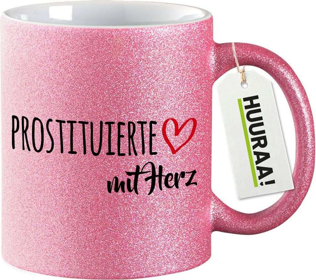 Huuraa Glitzer Kaffeebecher Prostituierte mit Herz Geschenk 330ml Pink Prostituierte Mitbringsel