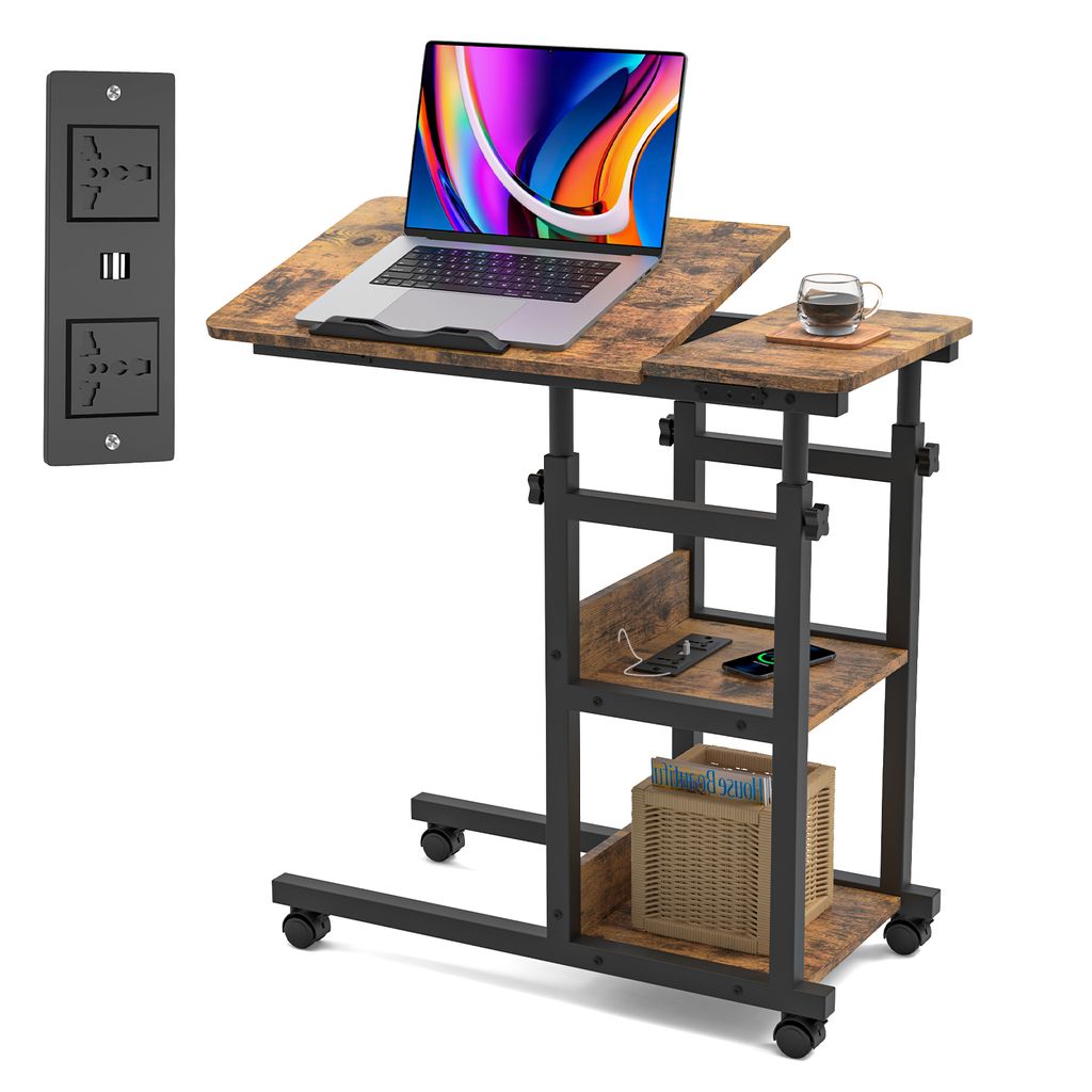 Laptoptisch mit Steckdose Notebooktisch Computertisch mit Rollen höhenverstellbar