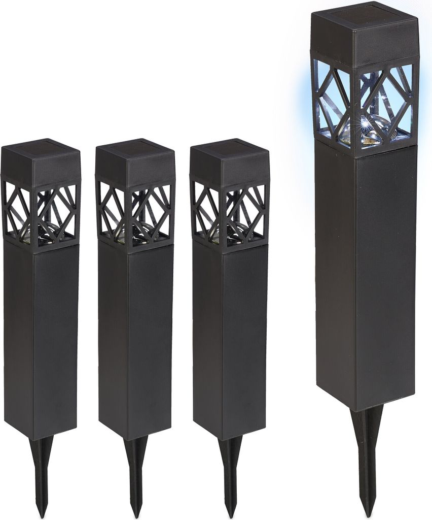 Relaxdays Solarlampen 4er Set, kaltweiß, wasserdicht, Dämmerungssensor, LED Solarleuchte, HxBxT: 41 x 6 x 6 cm, schwarz