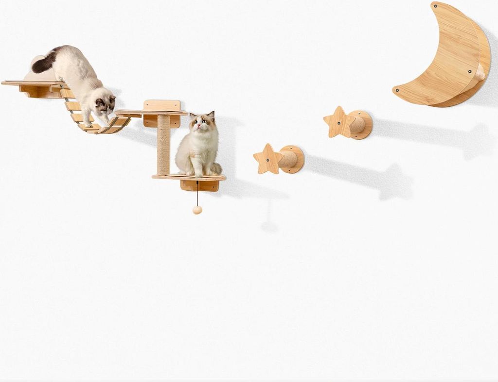 Katzen-Kratzbaum für die Wand - Wandmontierter Kletterbaum - 5+ Ebenen - Holz - Mehrere Plattformen - Kratzsäulen