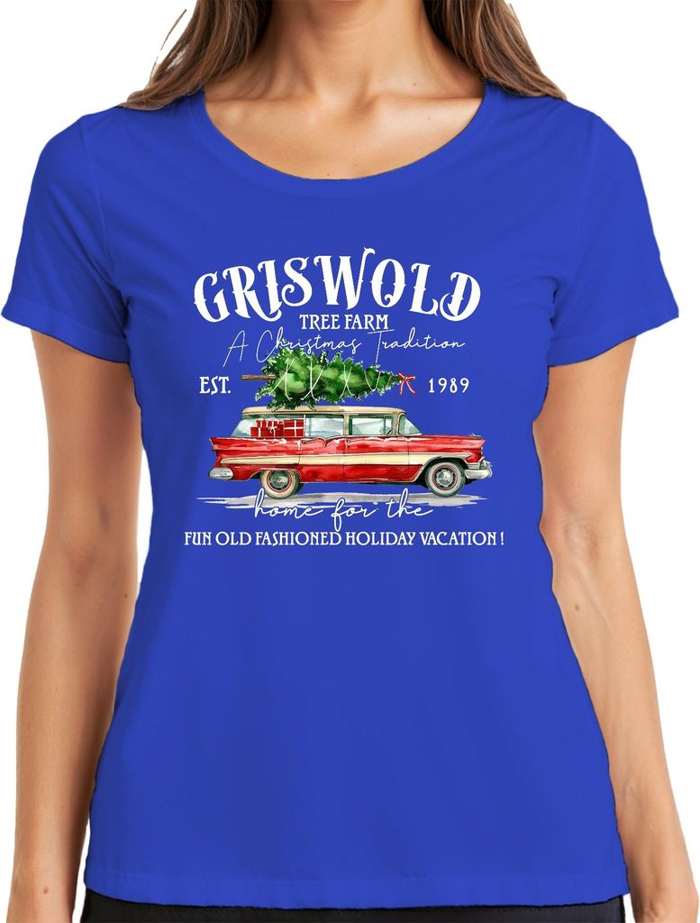 Griswold Tree Farm Christmas Tradition Vintage Car Holiday Damen T-Shirt, Blau, S