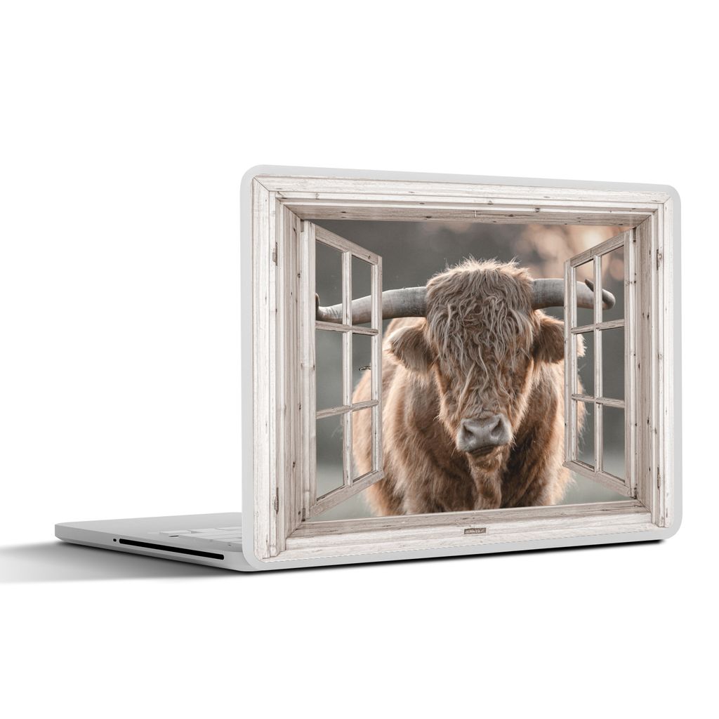 MuchoWow Laptop Aufkleber Sticker Cover Schottischer Highlander - Holz - Ansicht 36.5x27.5 cm - Laptop-Sticker