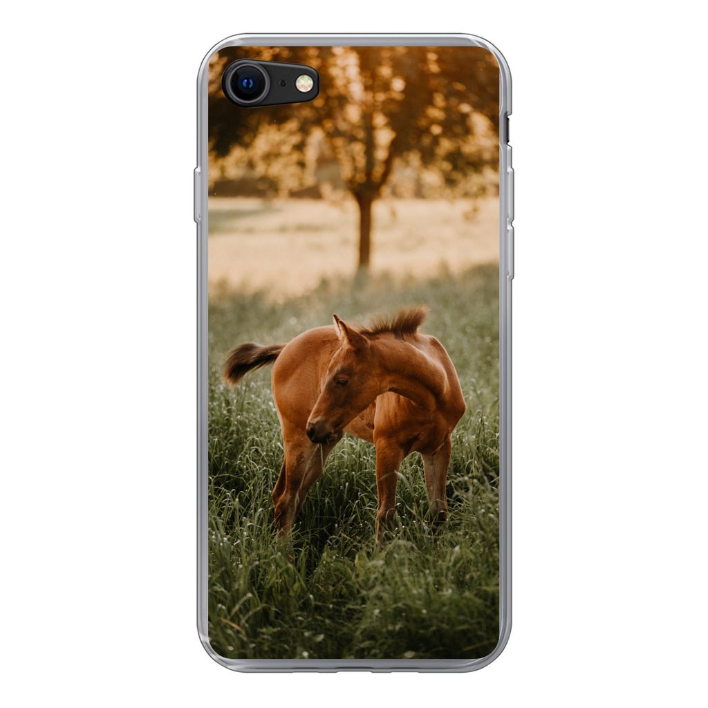 MuchoWow Handyhülle Schutzhülle Hülle für iPhone 7 Pferd - Gras - Baum Silikon Softcase Handy Hülle - Kartenhalter