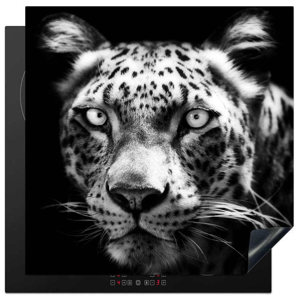 KitchenYeah Herdabdeckplatte Nahaufnahme Persischer Leopard vor schwarzem Hintergrund in Schwarz und Weiß , 78x78cm, Küche Deko, Glaskeramikkoc...