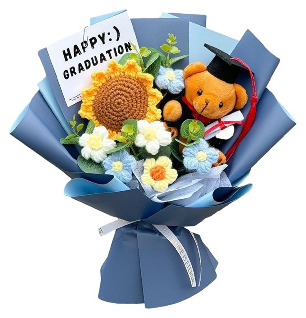 Handgehäkelter Blumenstrauß zur Abschlussfeier, handgefertigte künstliche Sonnenblumen-Blumenbüschel, Abschlussgeschenke für die Abschlussfeier