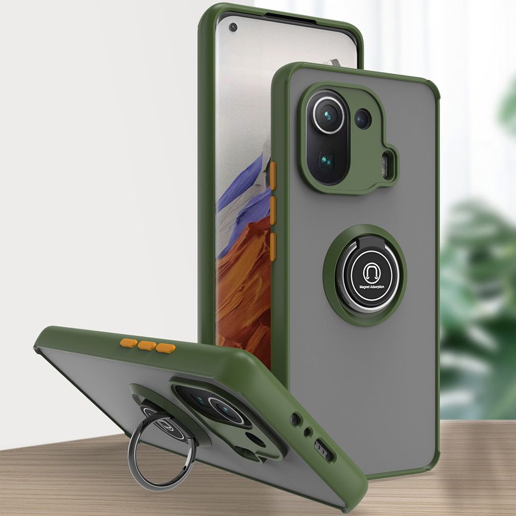 Xiaomi Mi 11 Pro Hülle, Ring Halter Ständer Matte Transluzent TPU Rahmen Stoßfest Schutzhülle für Xiaomi Mi 11 Pro Grün