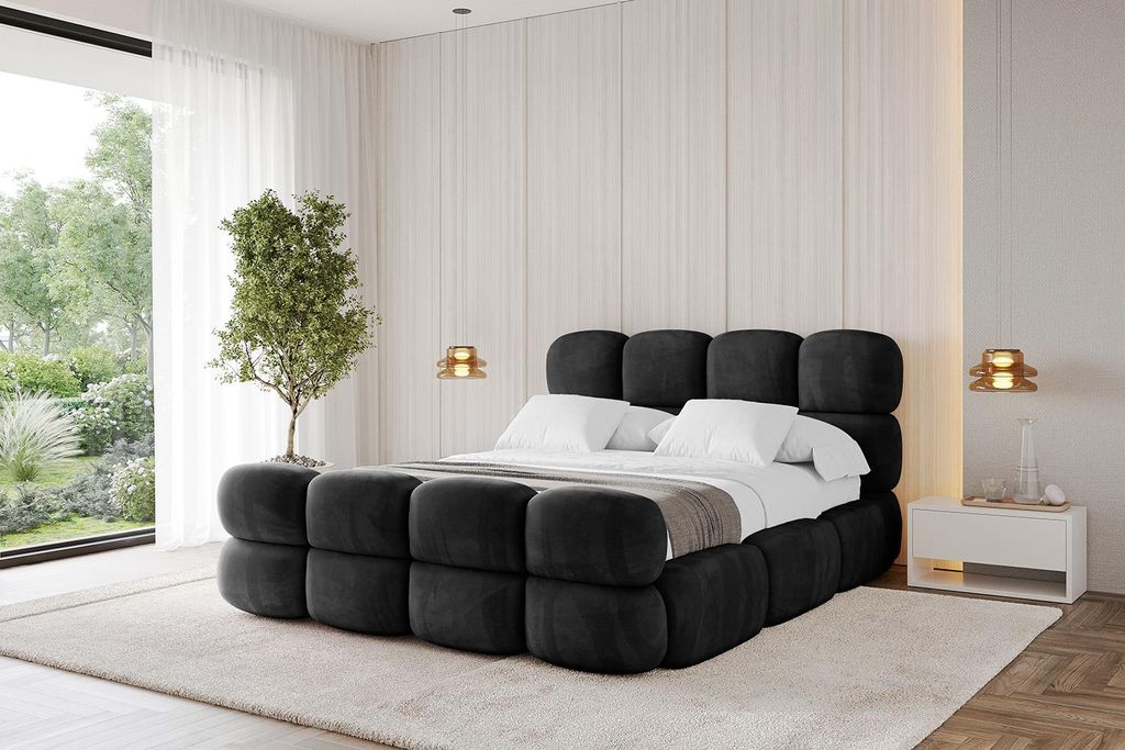 ALTDECOR Polsterbett mit Bettkasten - NOMA-Z 200x200 Schwarz - Bett mit Matratze H3/H4, Kopfteil und Fußteil, Boxbett, Doppelbett mit Stauraum