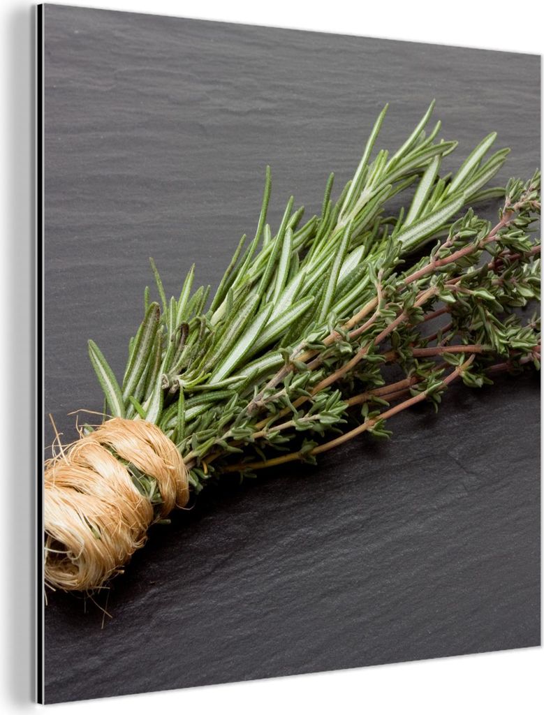 MuchoWow Wanddekoration Metall Metallbild Wandkunst 50x50 cm Thymian - Kräuter - Grün - Tisch - Küche - Stein MuchoWow Aluminium Gemälde - Alub...