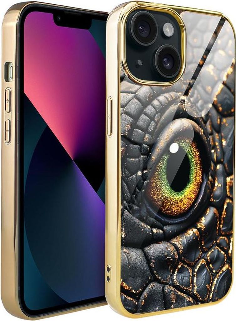 iPhone 13 IBIZU Elite Glass Case, Glasrückseite, Amber Dragon, Gold