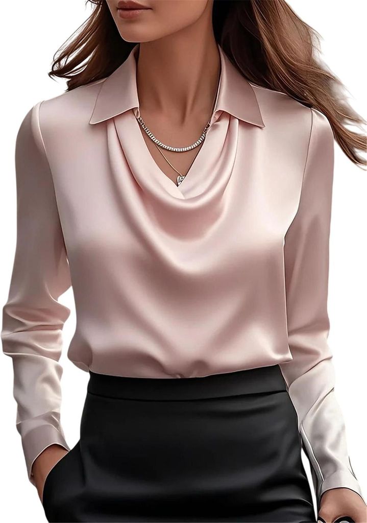 ASKSA Damen Satin Bluse Wasserfallkragen Elegante Oberteile Langarm Seide Hemdbluse Arbeitshemd Business Langarmshirt (Rosa,XXL)