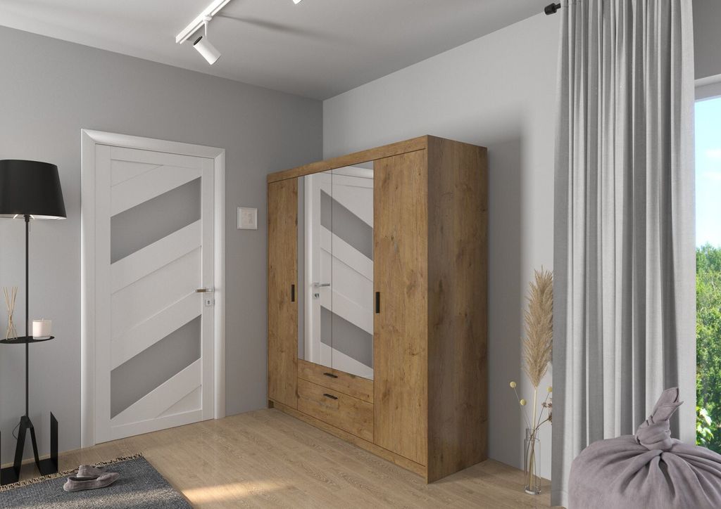 Viertüriger Kleiderschrank mit Spiegel ADELINA – Breite 176 cm, Eiche Lefkas