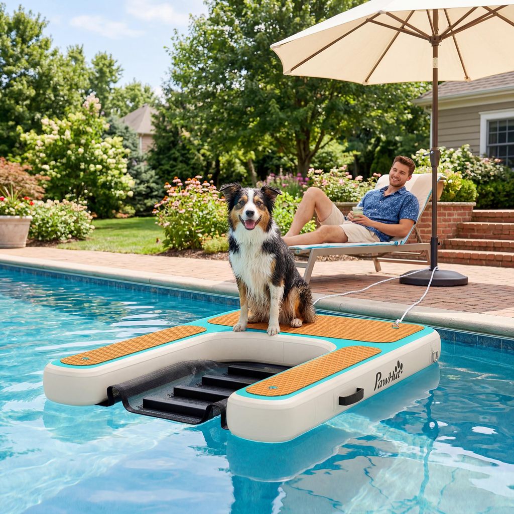 Hunderampe aufblasbar Pool, Wasserrampe Hund, EVA-Oberfläche rutschfest, Orange | 151 x 102 cm | bis 15 cm Höhe | tragbar
