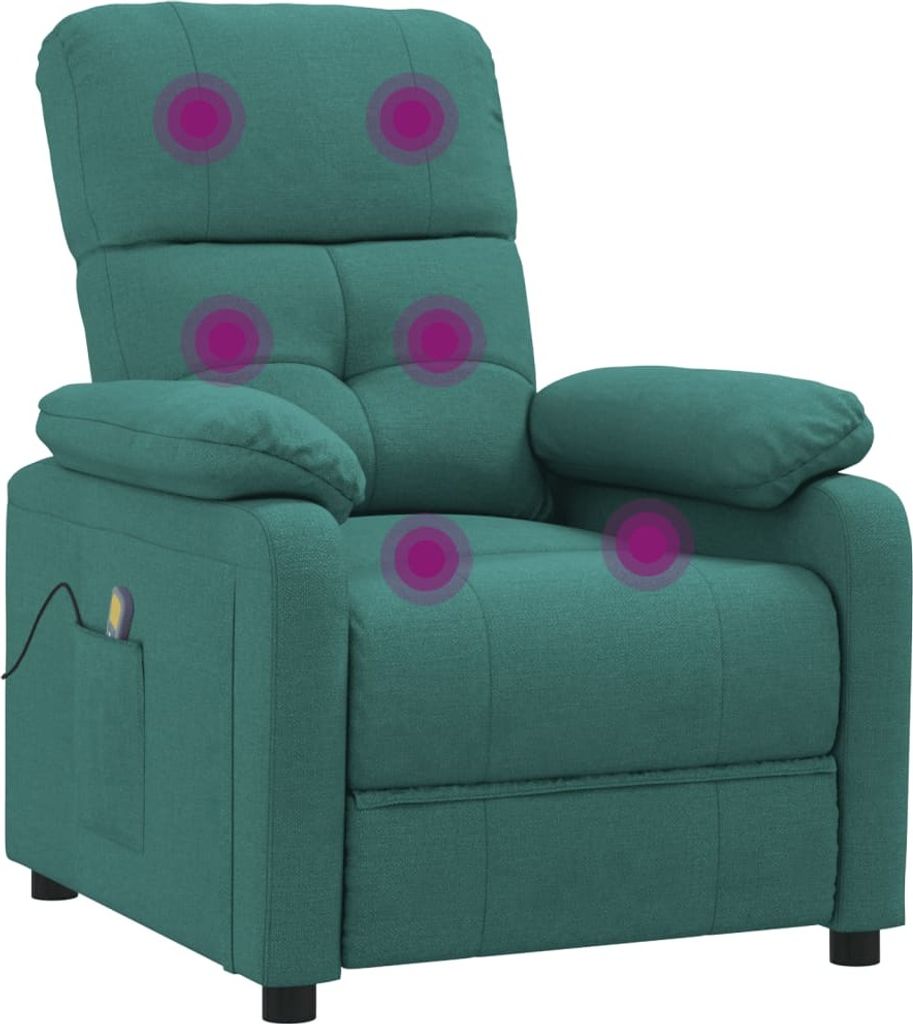 A teal fabric massage recliner chair with purple circles indicating massage points.
