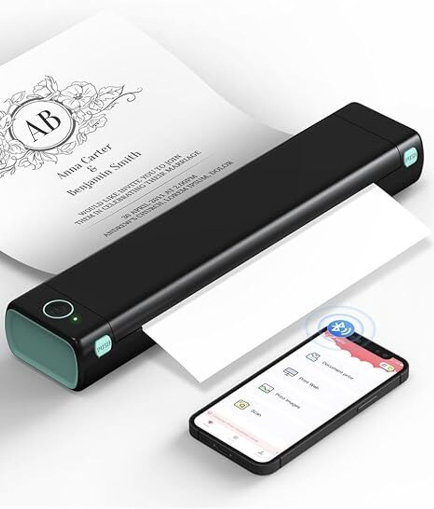 M08F Tragbarer Drucker, kabellos, für unterwegs, Thermodrucker unterstützt, tintenloser Bluetooth Drucker, kompatibel mit iOS, Android, Laptop