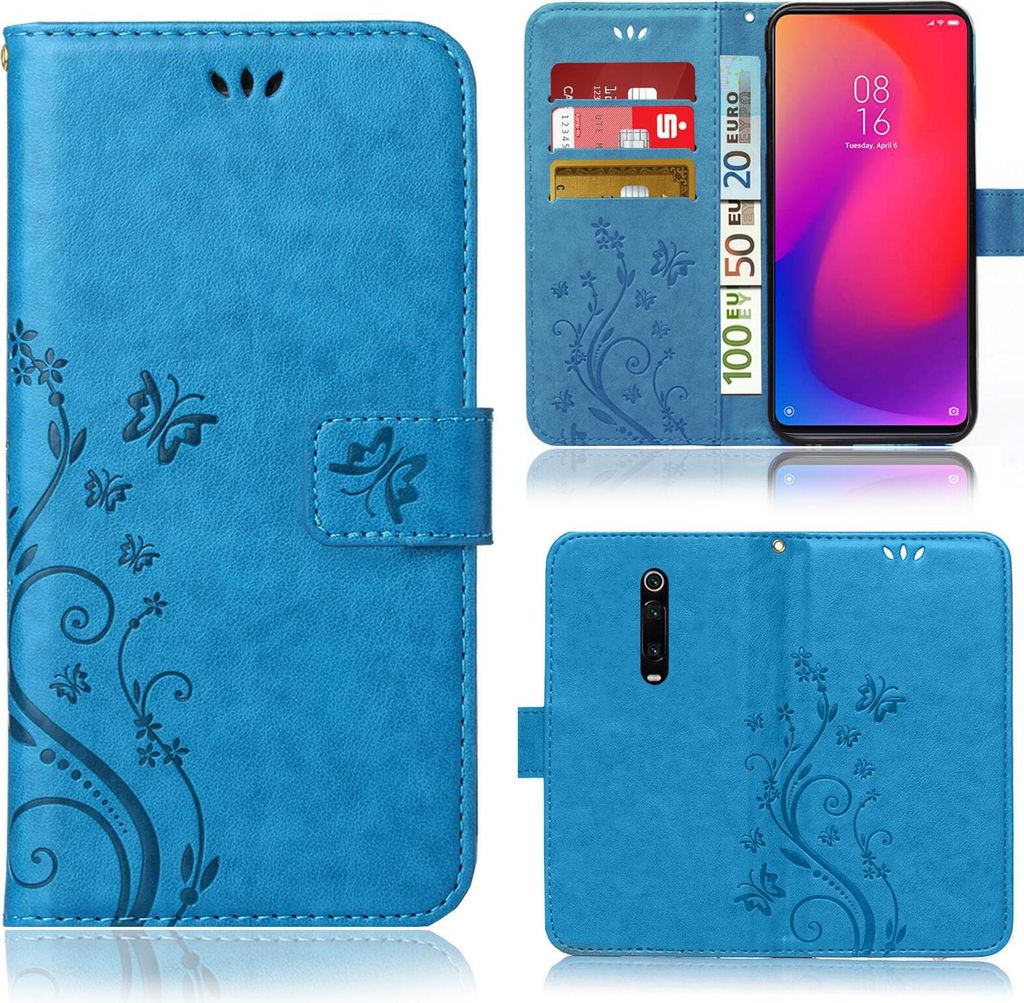 A collage of images showing a blue flip phone case with a floral and butterfly design, including a view of the case open with cards and money inserted, and a view of the back of the case showing the camera cutout.