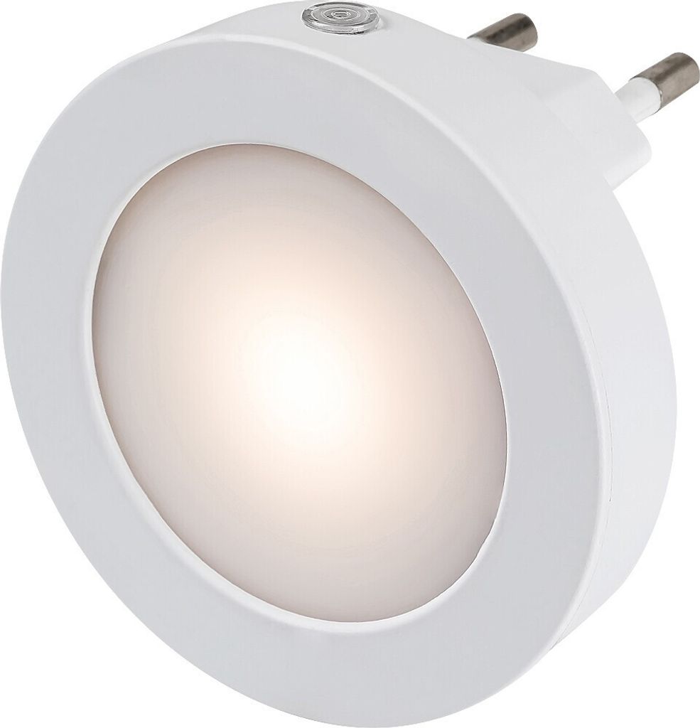 A white, round LED night light with a plug.