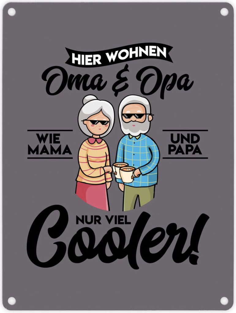 Hier wohnen Oma & Opa Metallschild in 15x20 cm in grau für deine Großeltern