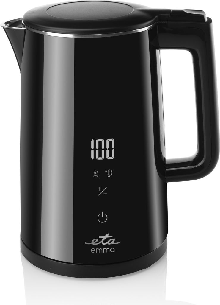 A black electric kettle with a digital display is shown against a white background.